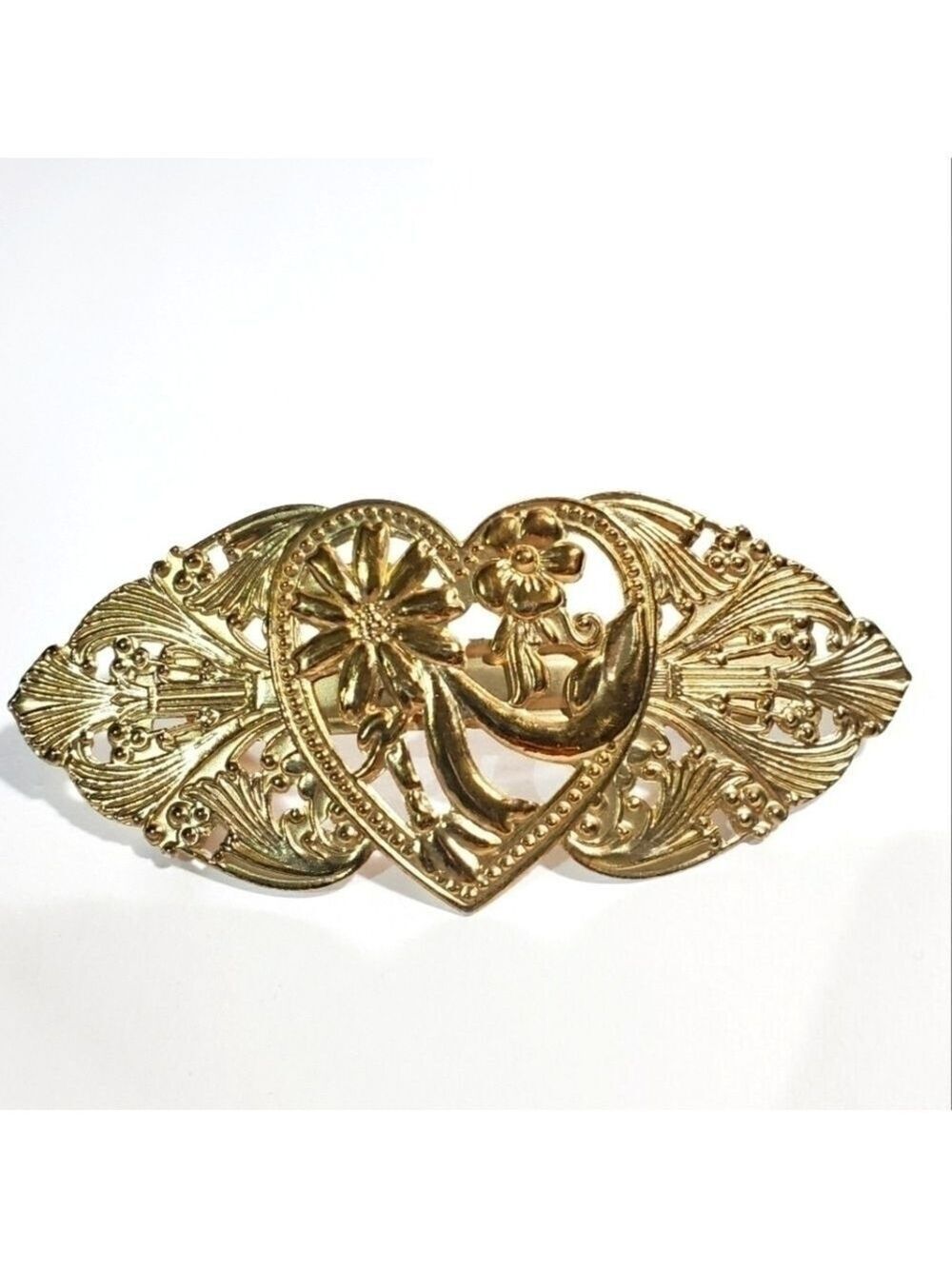 Vtg gold tone pressed metal Tin floral heart hair clip Barrette